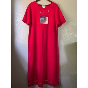 Vintage The Quacker Factory Red Flag Star Embroidered T Shirt Maxi Dress Plus 1X